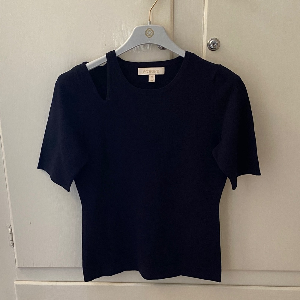 Etcetera Navy Blue Short Sleeve Open Cold Shoulder Sweater Knit Top size xs